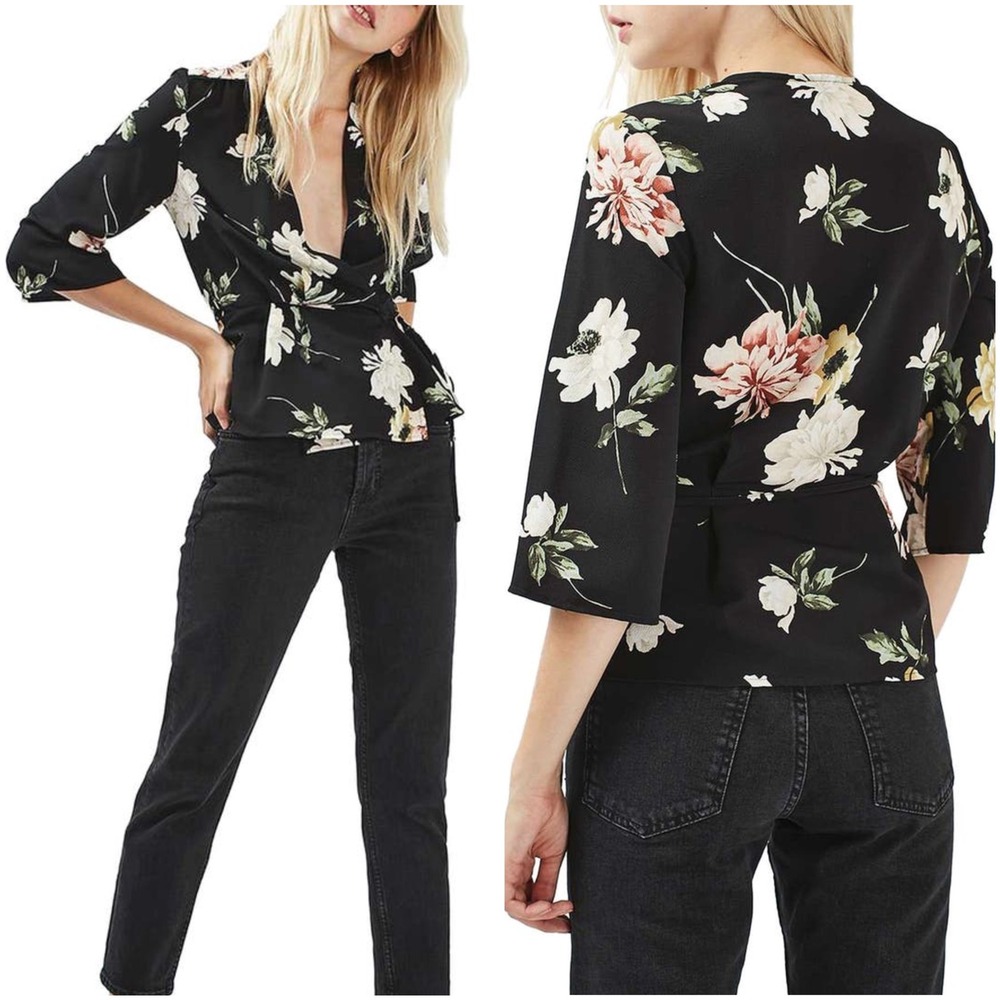 Topshop Floral Wrap Blouse Women's US 2 Black Pink Yellow 3/4 Sleeve Top